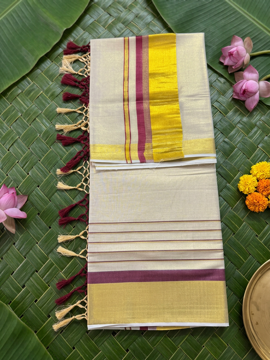 Nandini Ivory Tissue Saree with Maroon & Gold Zari Border & Macrame Tassels