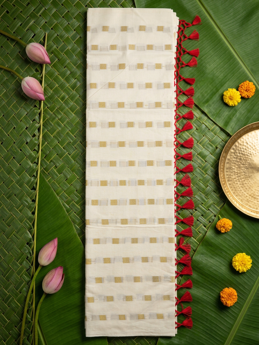 Aarohi Ivory  Cotton Saree with Zari Checks & Red Tassels