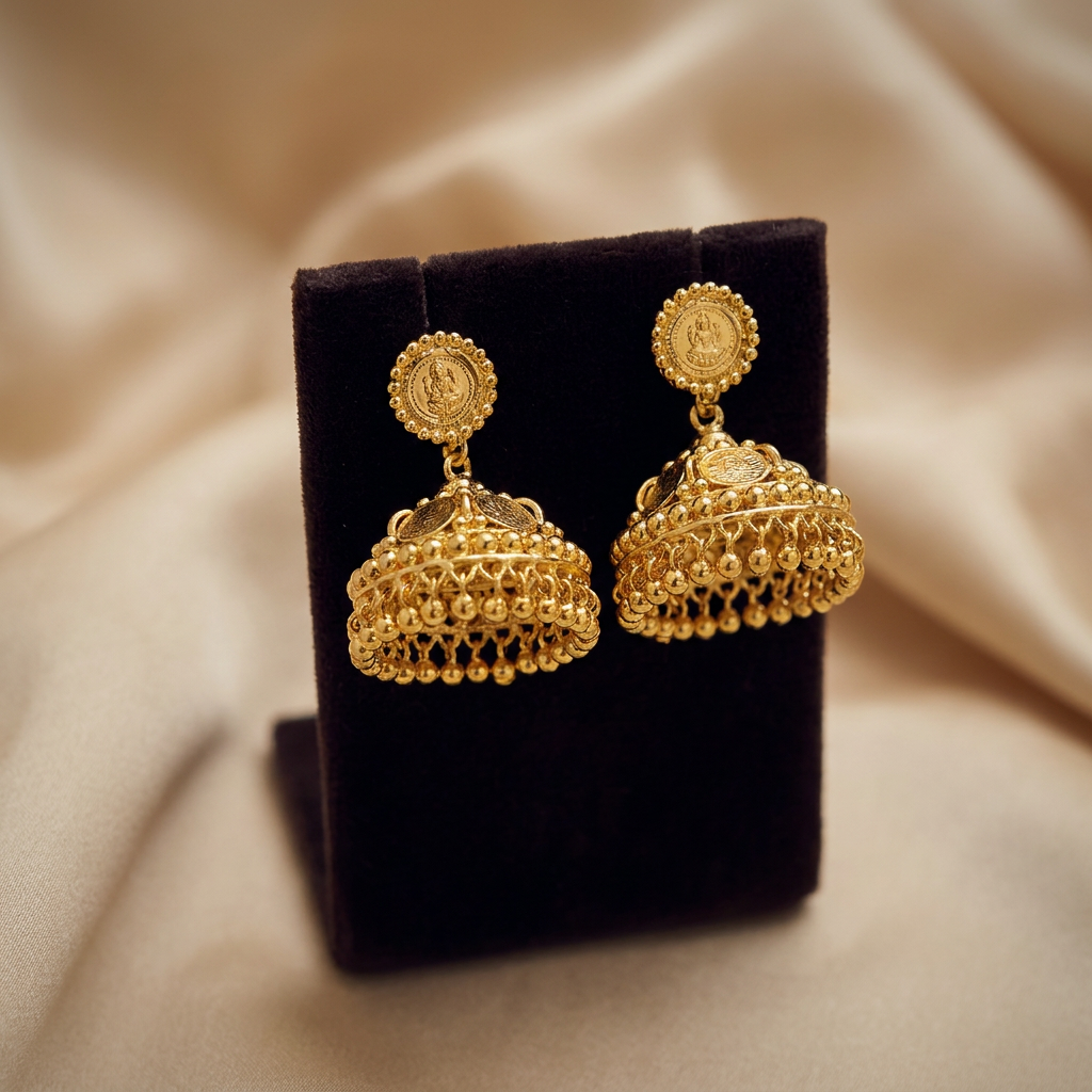 Divine Lakshmi Temple Jhumka Earrings in Antique Gold Finish