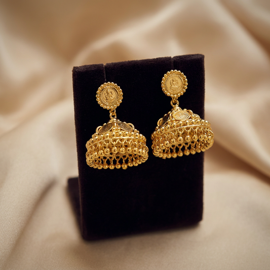 Divine Lakshmi Temple Jhumka Earrings in Antique Gold Finish