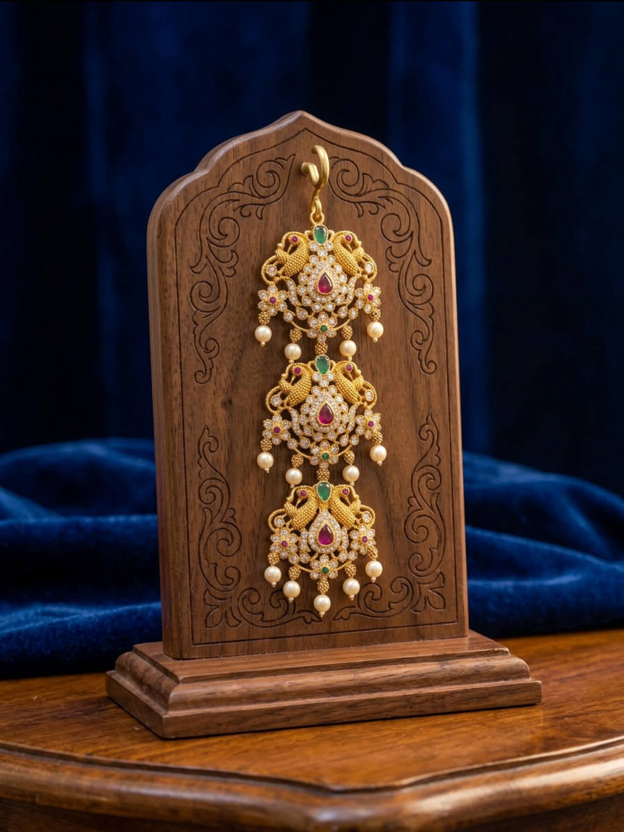 Antique Gold Peacock & CZ Three-Tiered Jada Billa
