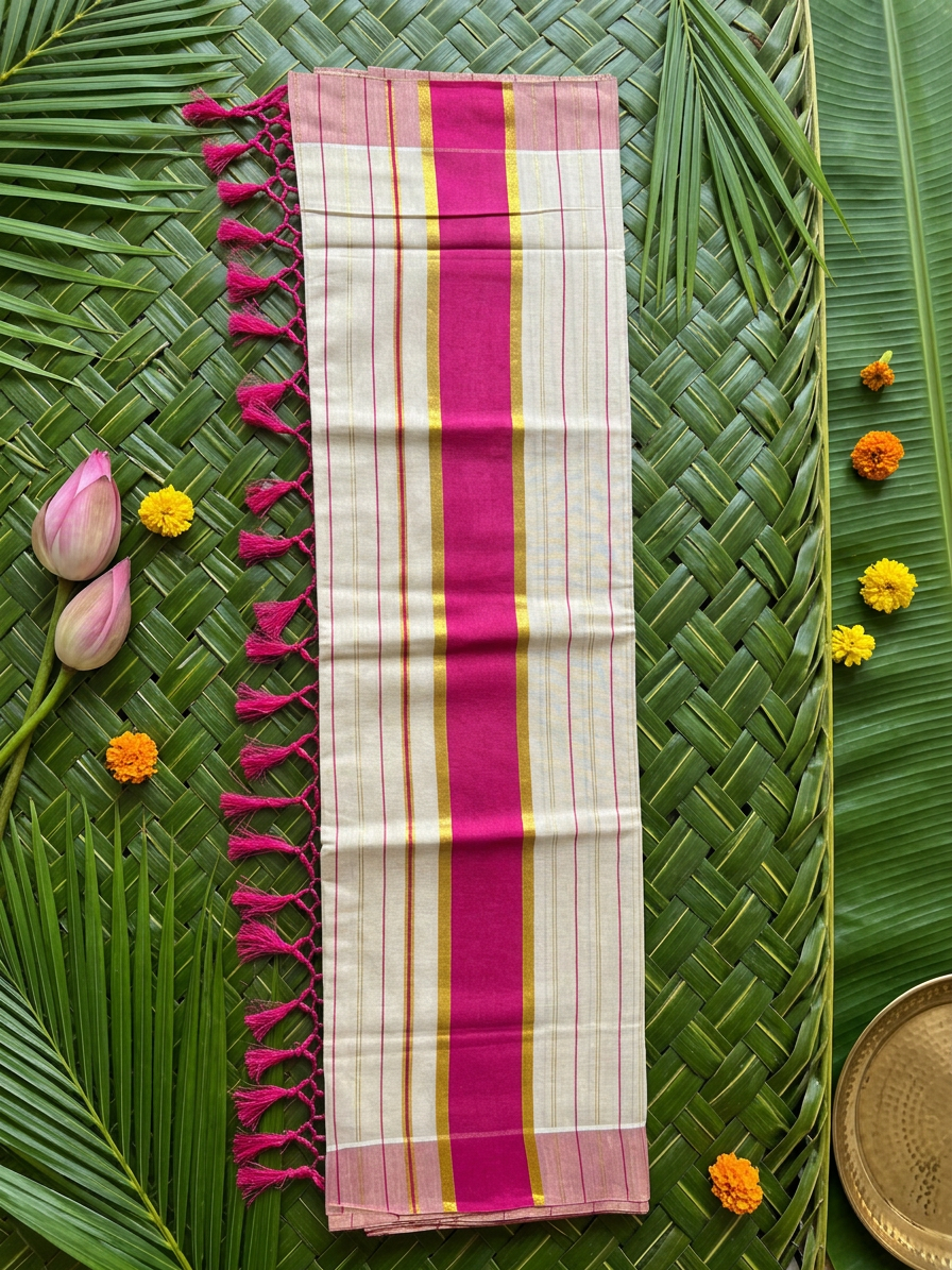 Nithya Rani Pink Striped Tissue Saree with Bold Zari Border & Tassels