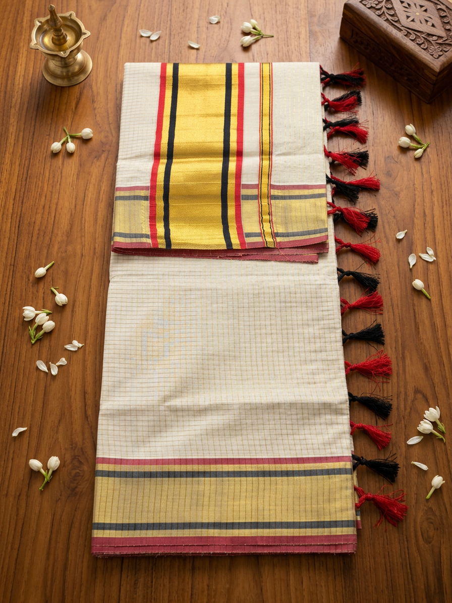 Off-White Cotton Saree with Subtle Micro-Checks, Broad Gold Zari Border, Striking Black and Red Striped Accents, and Hand-Knotted Tassels