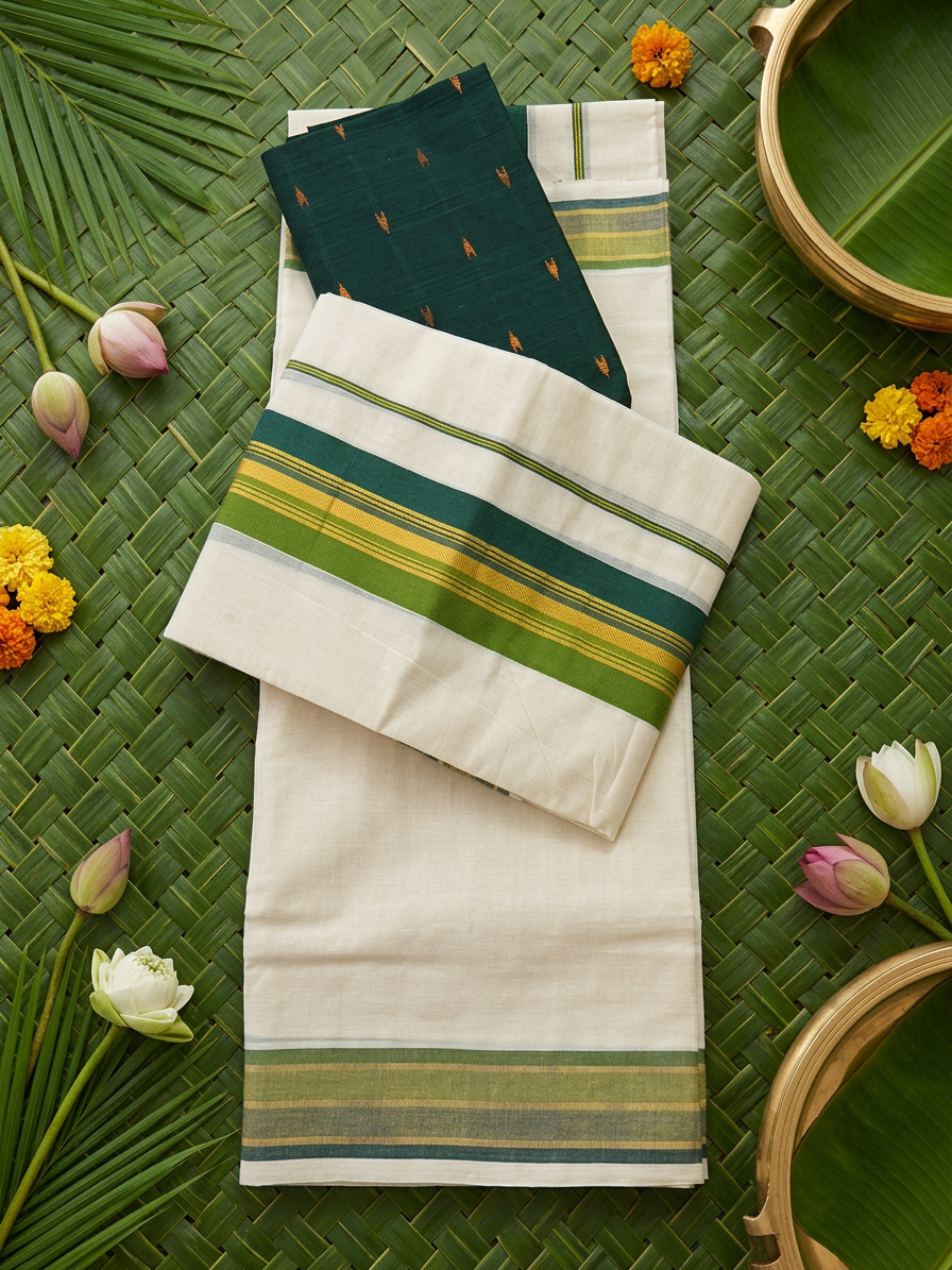 2.80 Meters Handwoven Pure Cotton Kerala Set Mundu Featuring an Emerald Green and Gold Kasavu Border Accompanied by a Woven Designer Blouse Piece