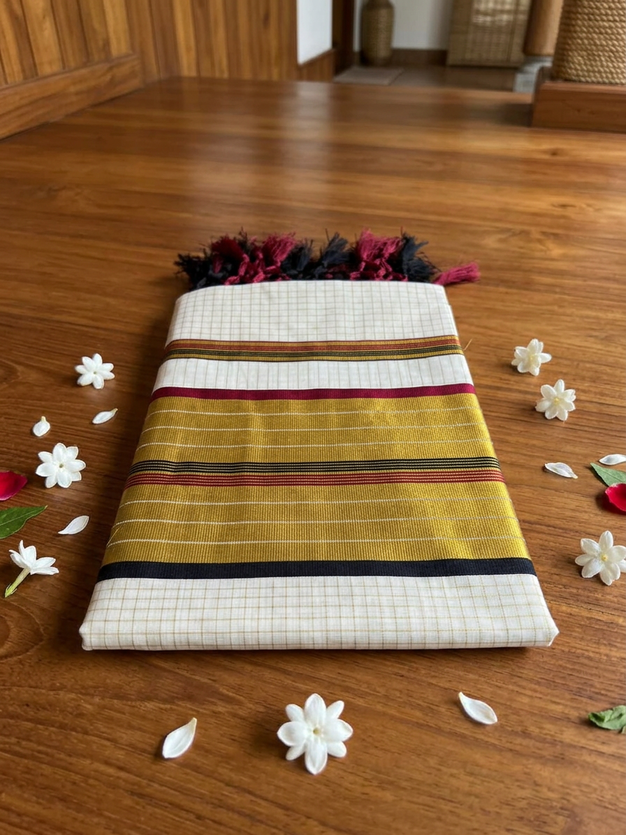 Off-White Saree with Micro-Check Woven Body, Rich Gold Zari Border, Maroon-Black Striped Accents, and Hand-Knotted Tassels