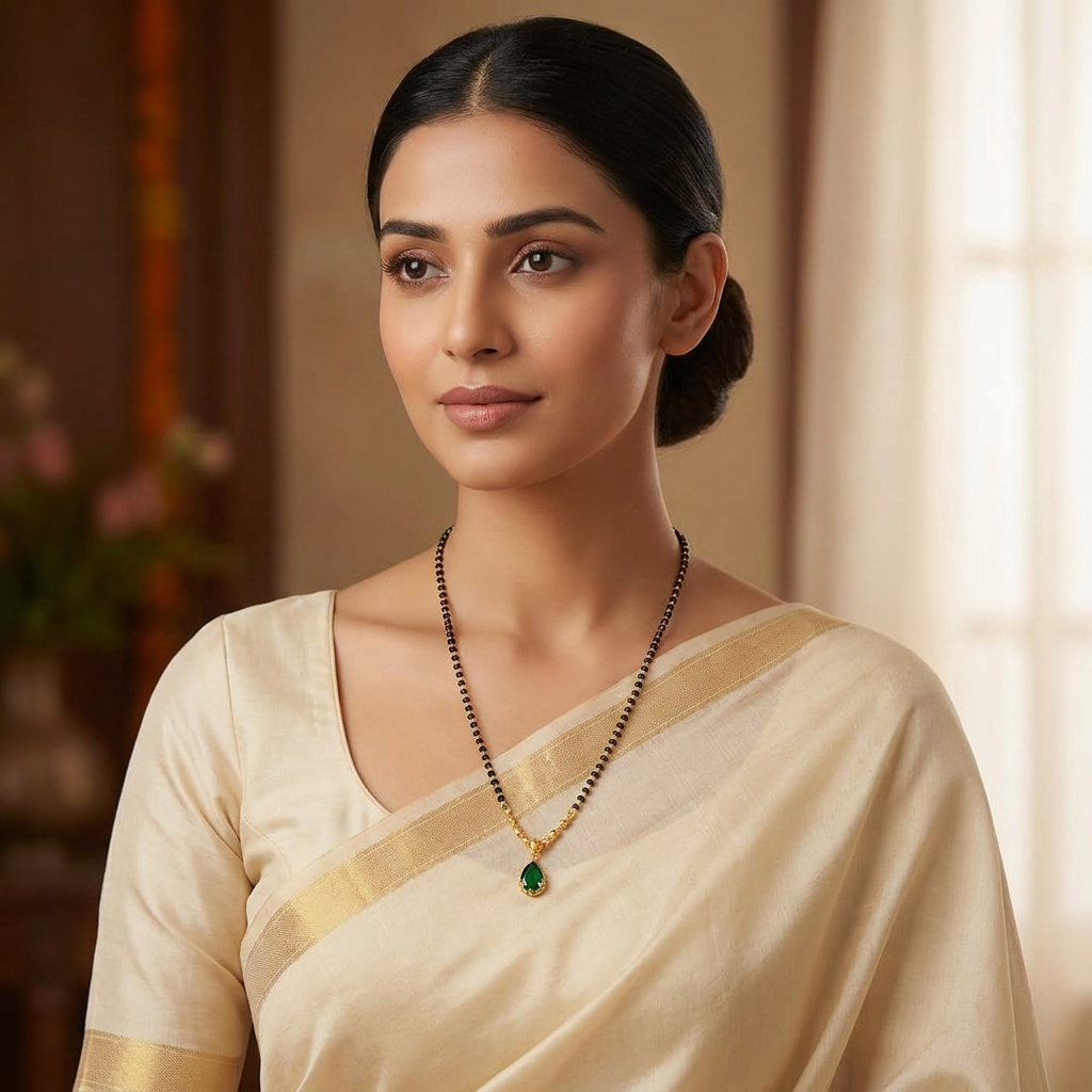 Minimalist Gold-Plated Black Bead Emerald Teardrop Mangalsutra