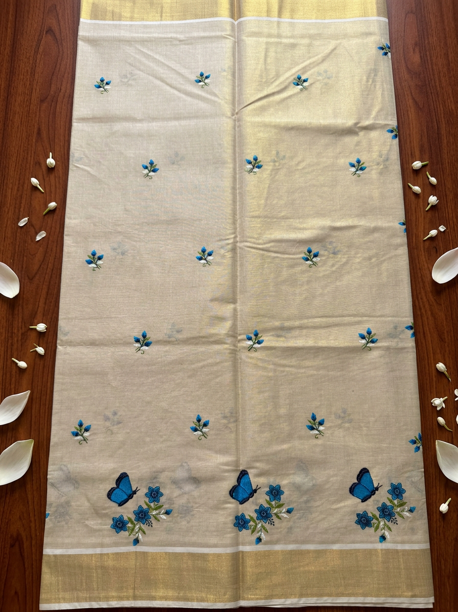 Butterfly & Floral Embroidery Motif Kasavu Tissue Saree