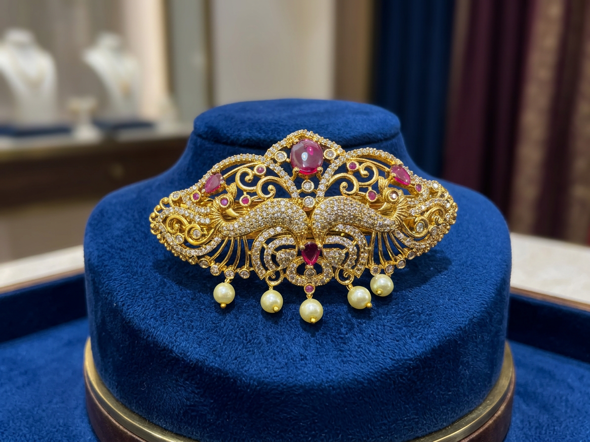 Ornate Peacock CZ & Gemstone Bridal Hair Clip (Jada Billa)
