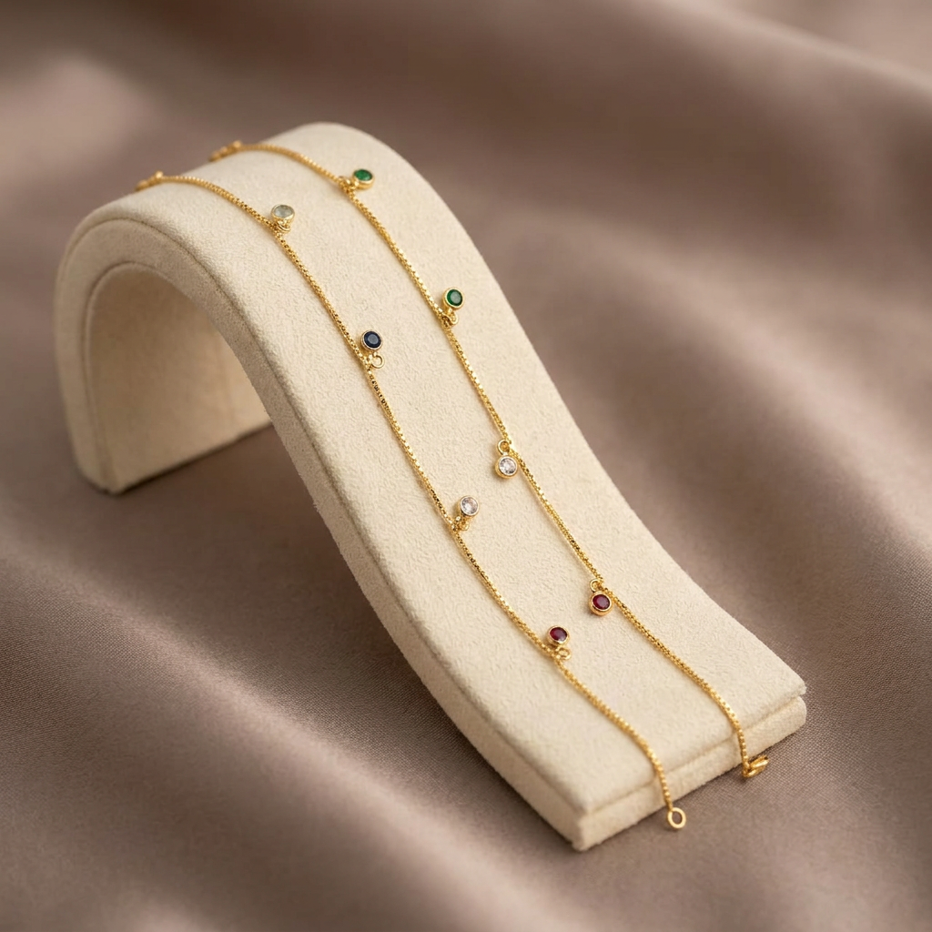 Delicate Gold-Plated Multi-Stone Drop Anklets (Kolusu/Payal)