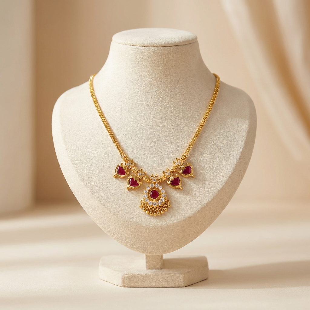 Royal Ruby Floral Motif Gold Necklace with Cubic Zirconia Accents