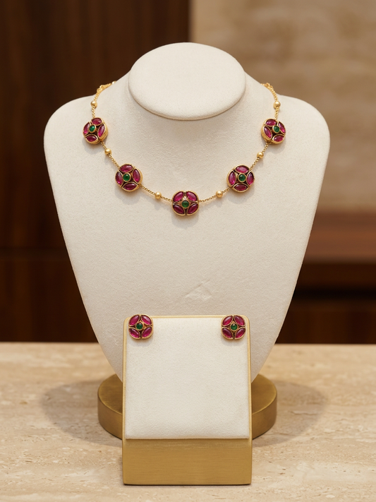Gold Ruby & Emerald Floral Motif Necklace Set