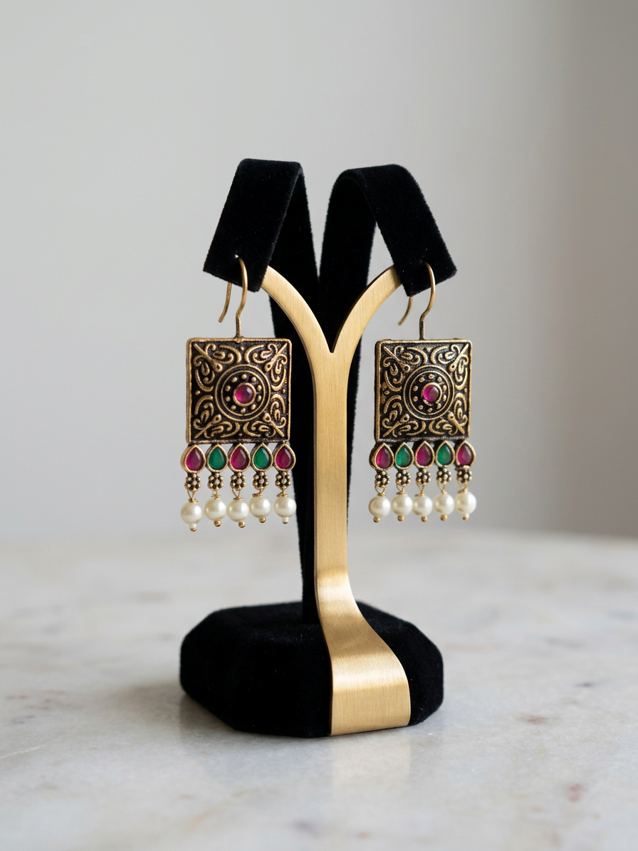 Square Carved Antique Stone & Pearl Wire Earrings