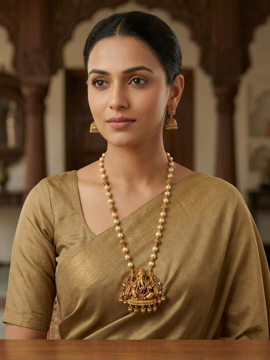 Antique Gold Pearl & Ganesha Pendant Temple Necklace Set