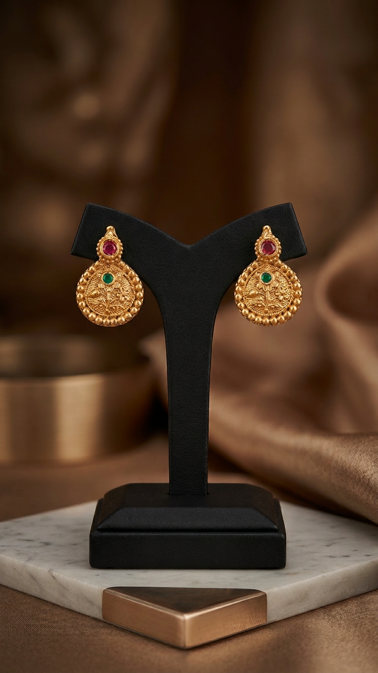 Traditional Antique Gold Pearl & Kemp Kasu Mala Set