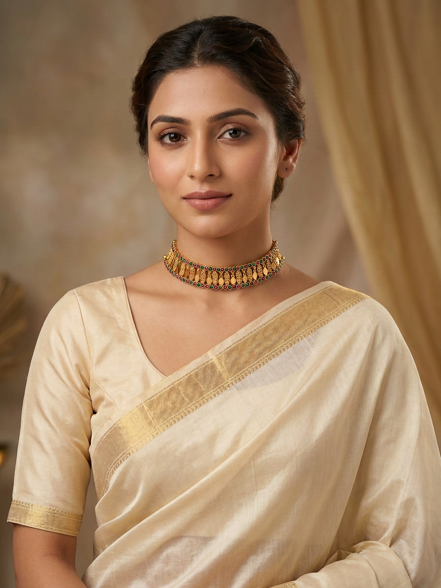 Traditional Gold Ruby & Emerald Leaf Motif Choker Set