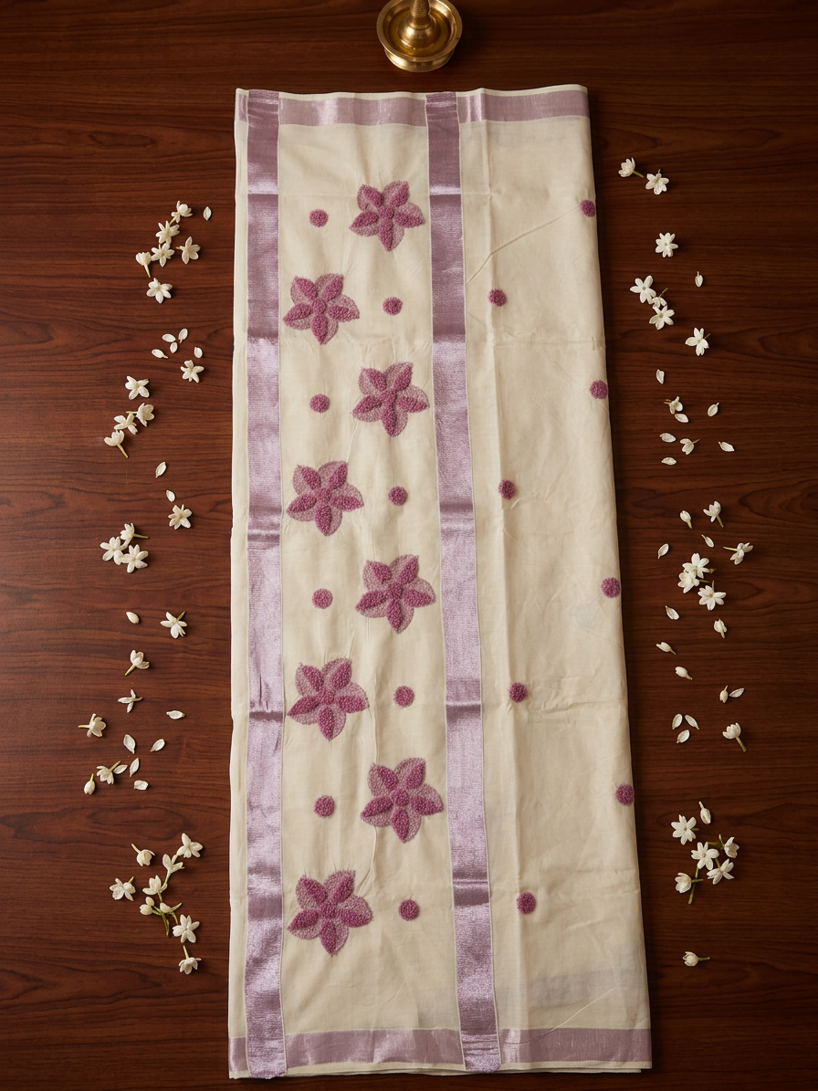 Mauve Blossom Textured Embroidery Kerala Saree