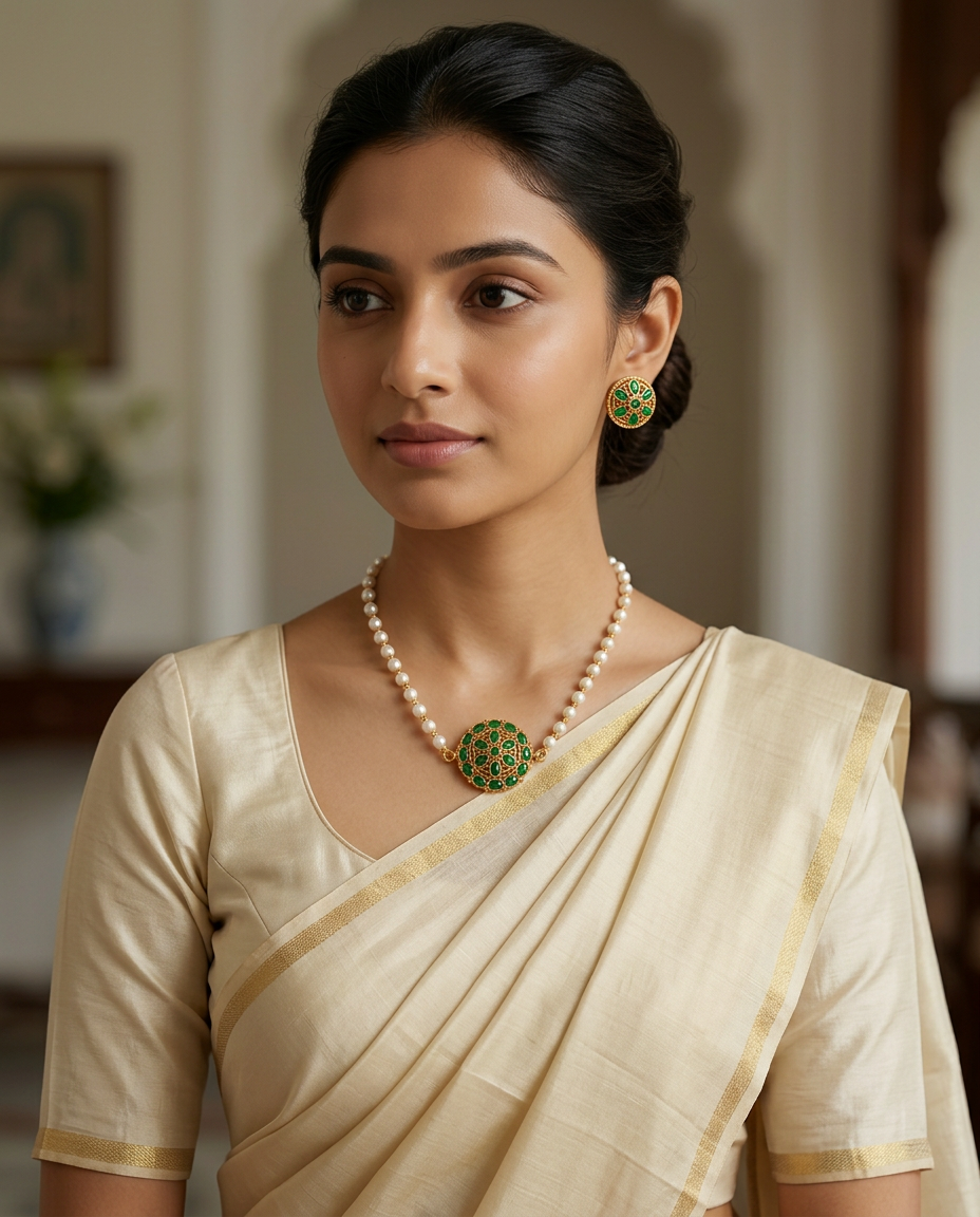 Pearl String & Ruby Emerald Lakshmi Medallion Necklace Set