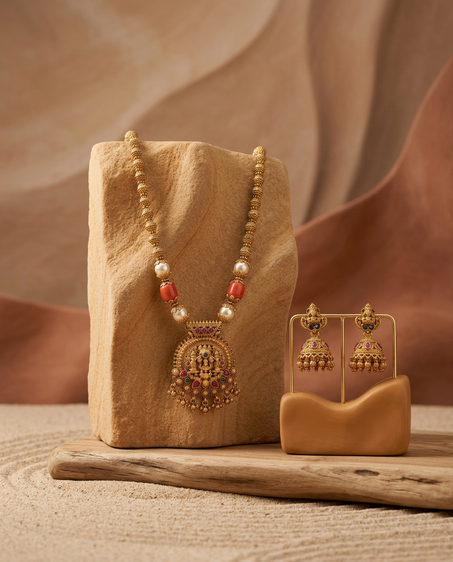Antique Gold Temple Beaded Haram Necklace Set with Jhumkas