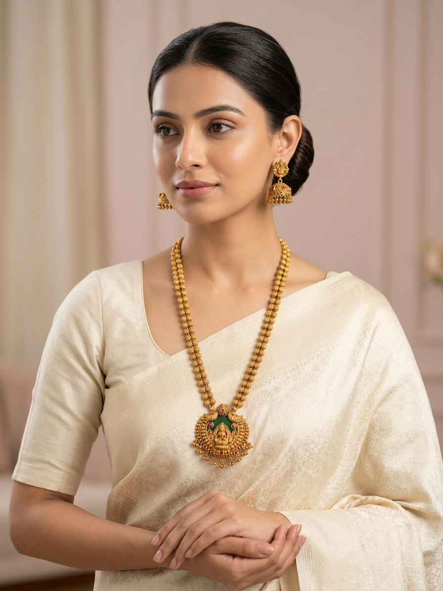 Dual-Strand Antique Gold Lakshmi Pendant Haram & Jhumka Set