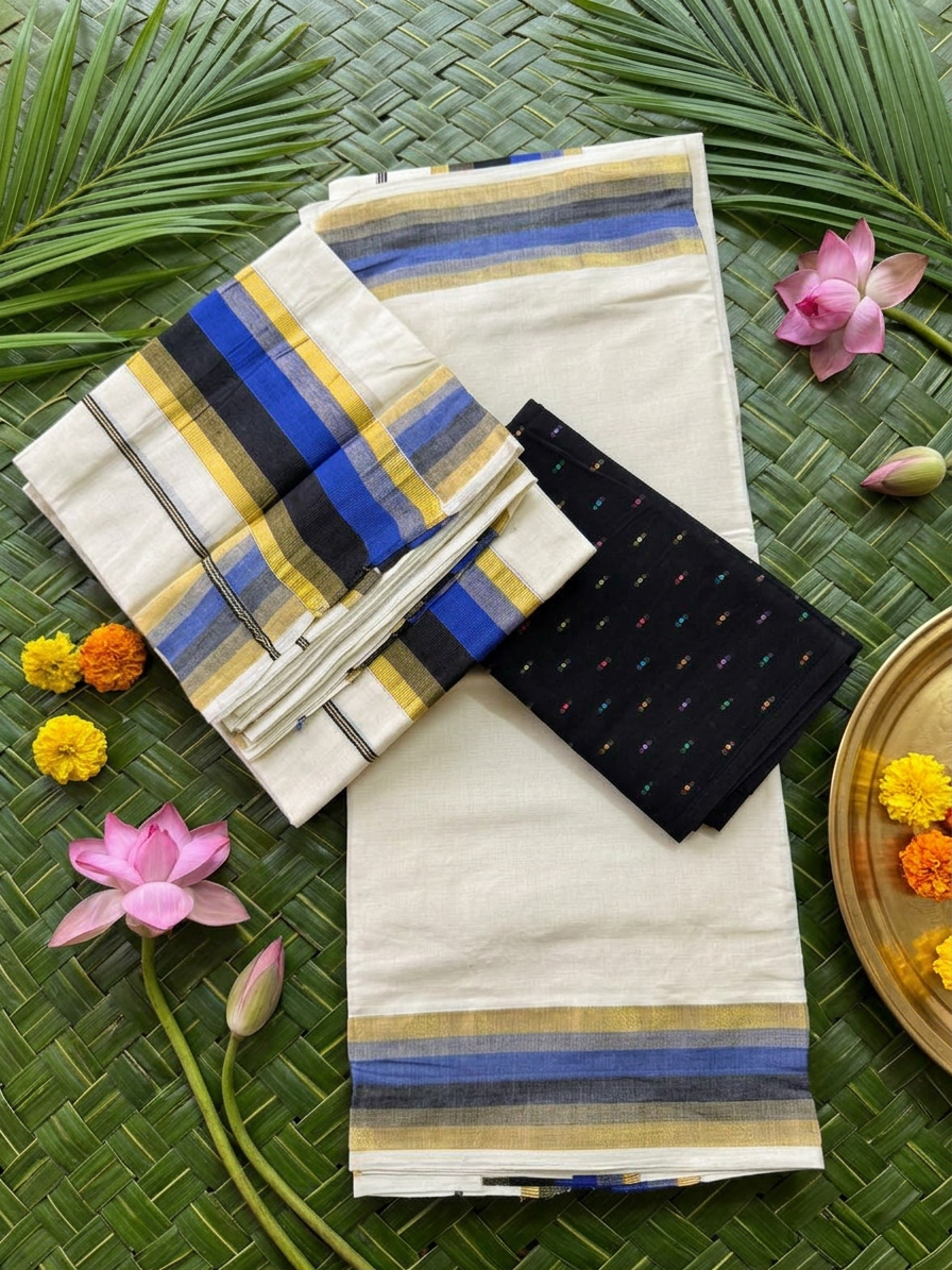 2.80 Meters Pure Cotton Kerala Set Mundu Featuring an Elegant Royal Blue