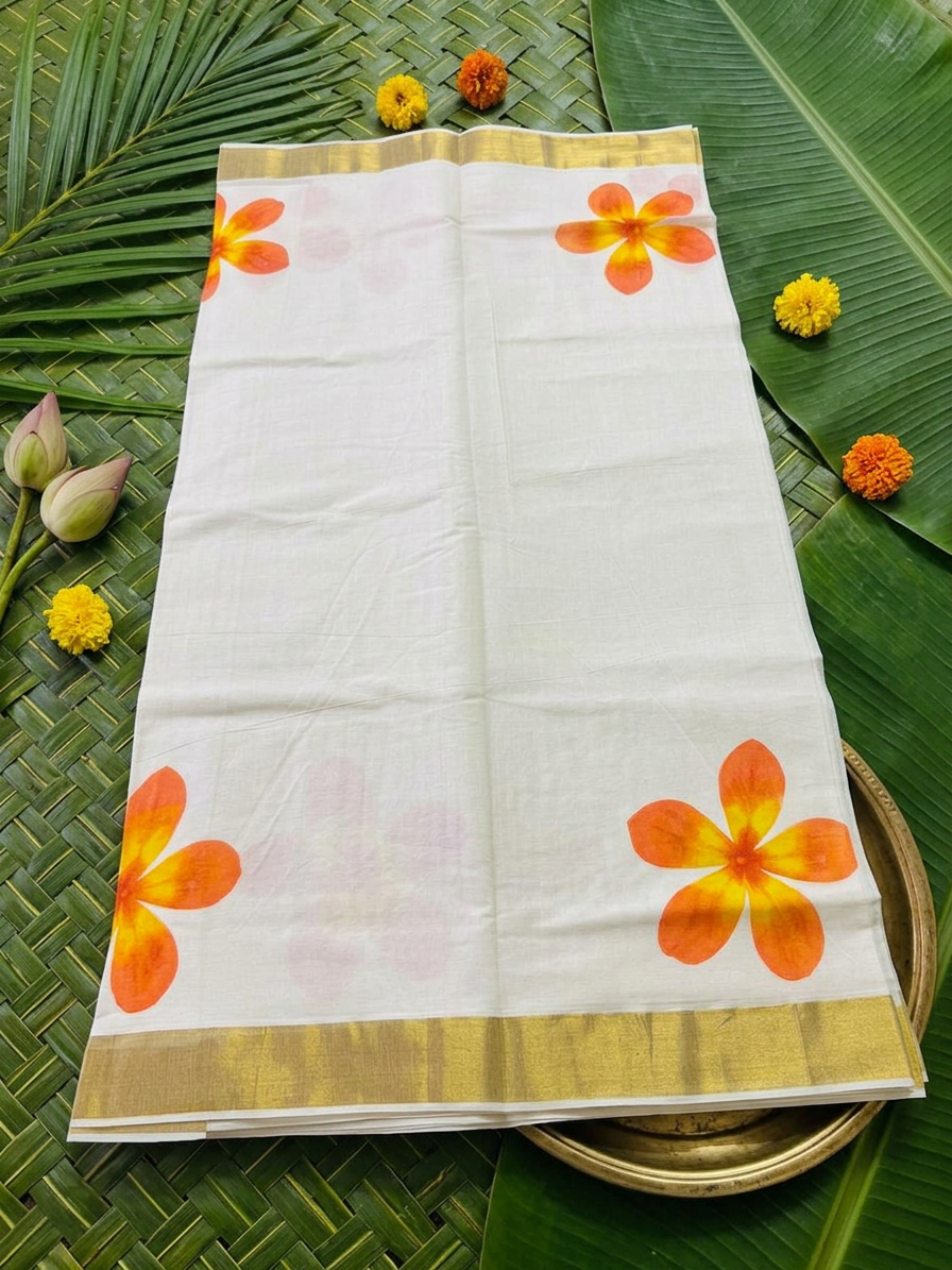 Surya Orange & Yellow Floral Painted Kasavu Cotton Saree