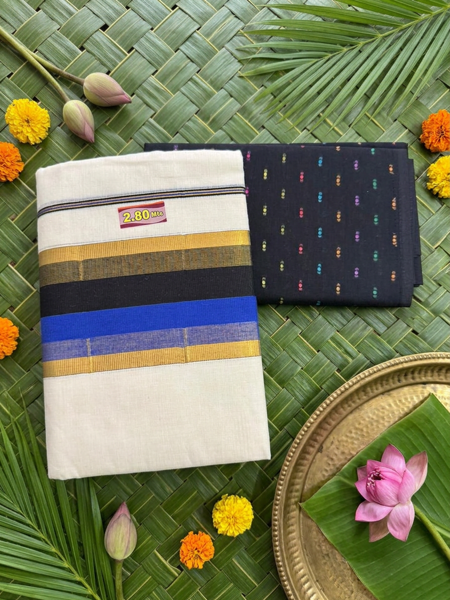 2.80 Meters Pure Cotton Kerala Set Mundu Featuring an Elegant Royal Blue