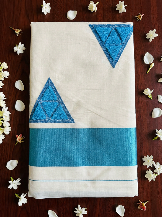 Azure Prism Textured Motif Kerala Cotton Saree