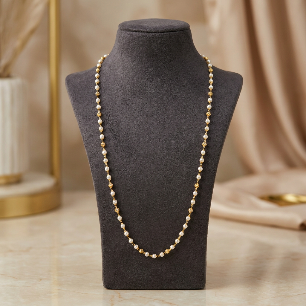 Traditional Gold-Plated Pearl & Textured Bead Long Chain