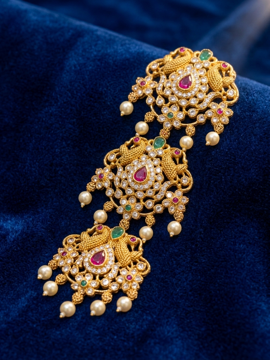 Antique Gold Peacock & CZ Three-Tiered Jada Billa