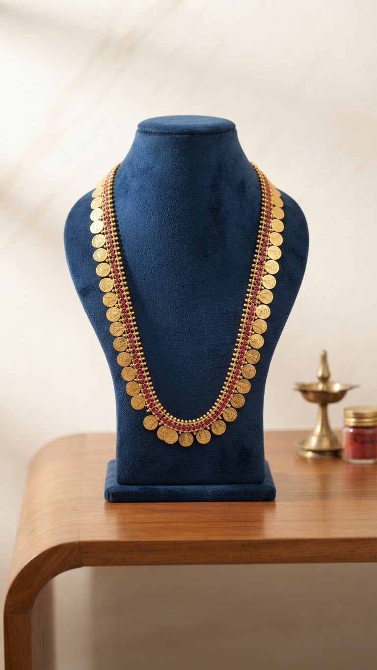 Gold Plated Kasu Necklace with Ruby stones(20 inch)