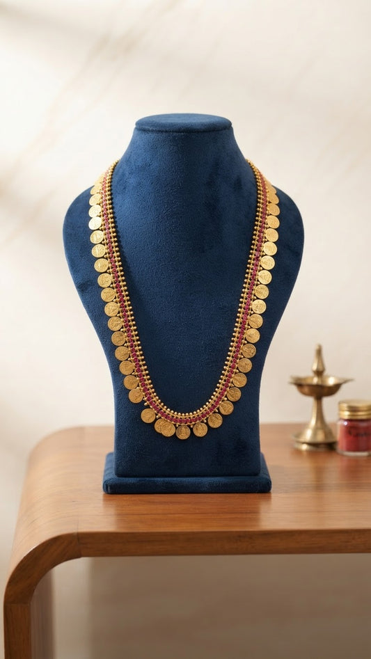 Gold Plated Kasu Necklace with Ruby stones(20 inch)