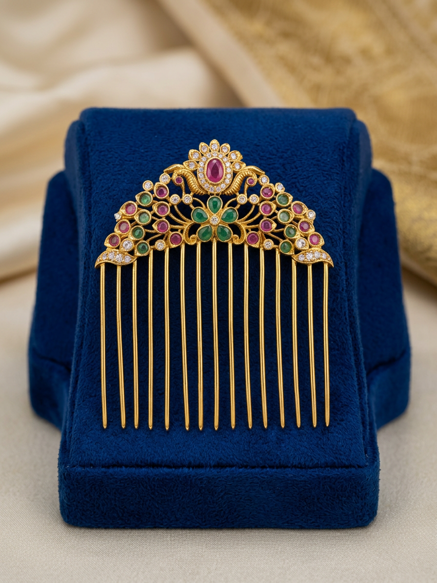 Gold Floral Ruby & Emerald Bridal Hair Comb