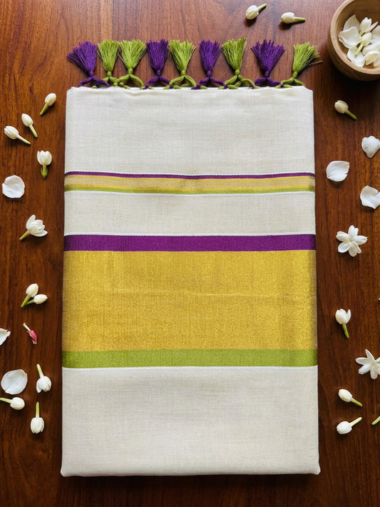 Regal Purple & Olive Checked Kasavu Saree with tassels