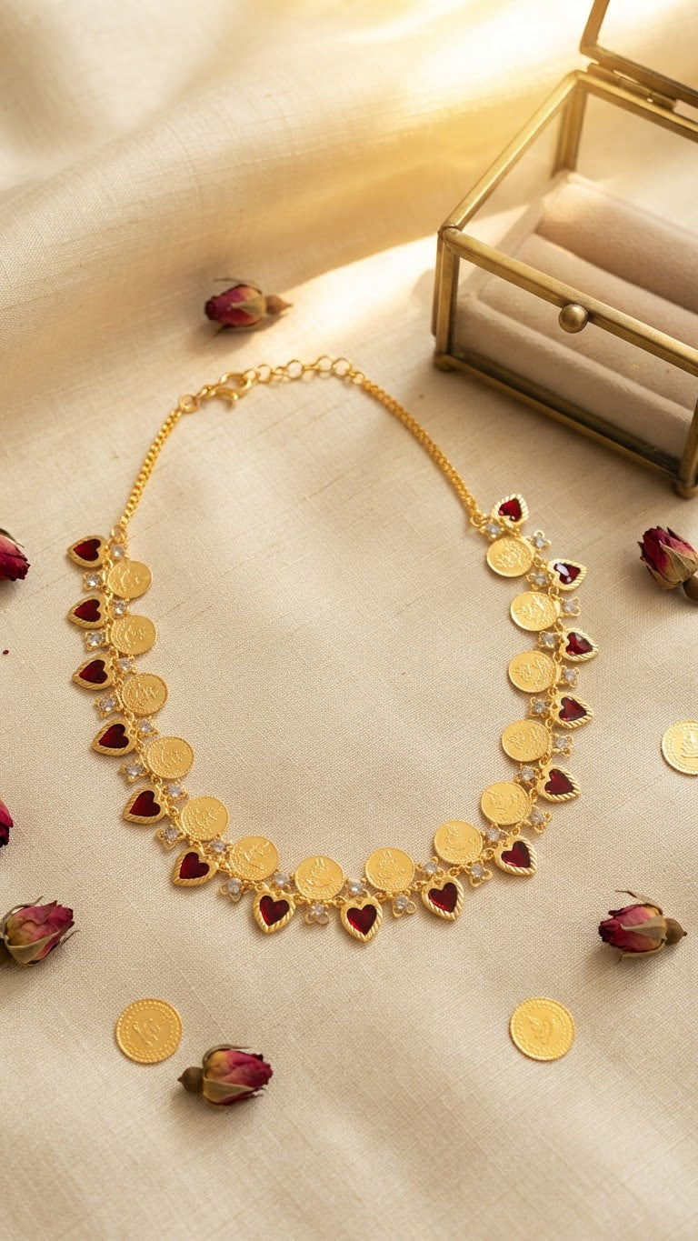Traditional Kerala Gold Kasu & Red Palakka Necklace