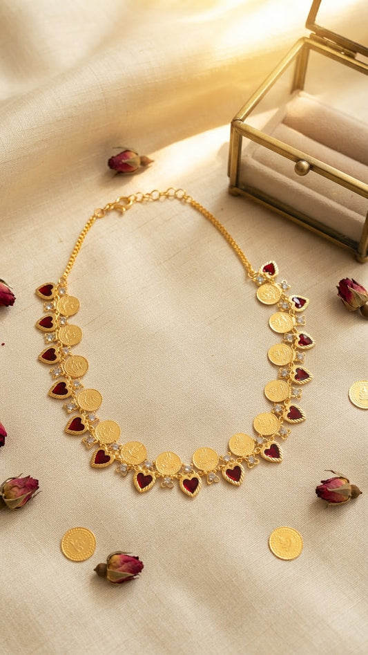 Traditional Kerala Gold Kasu & Red Palakka Necklace