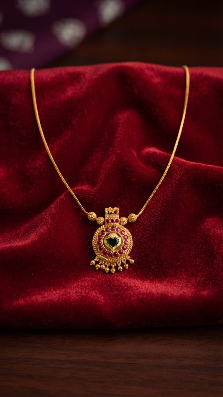 Traditional Kerala Gold Palakka & Ruby Pendant Necklace