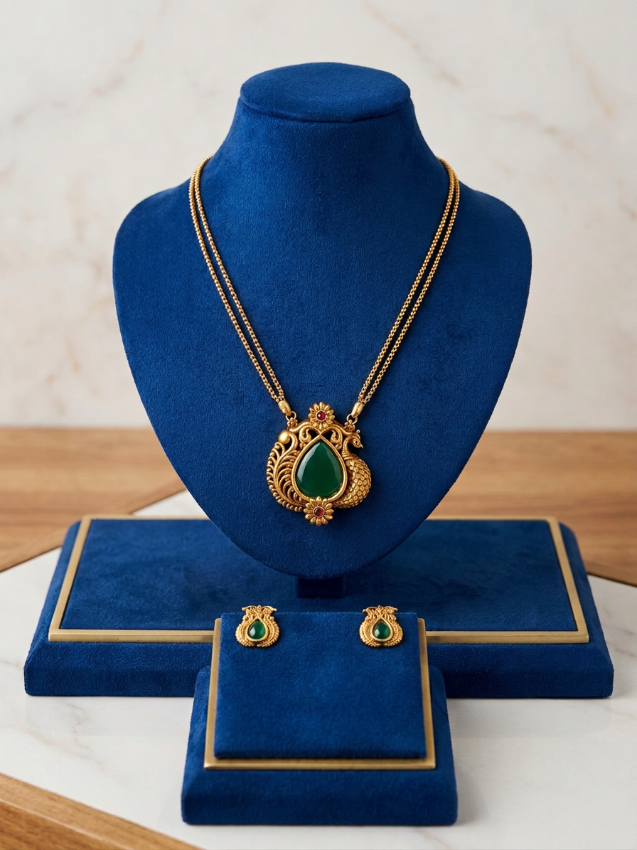 Traditional Antique Gold Peacock & Green Drop Pendant Set