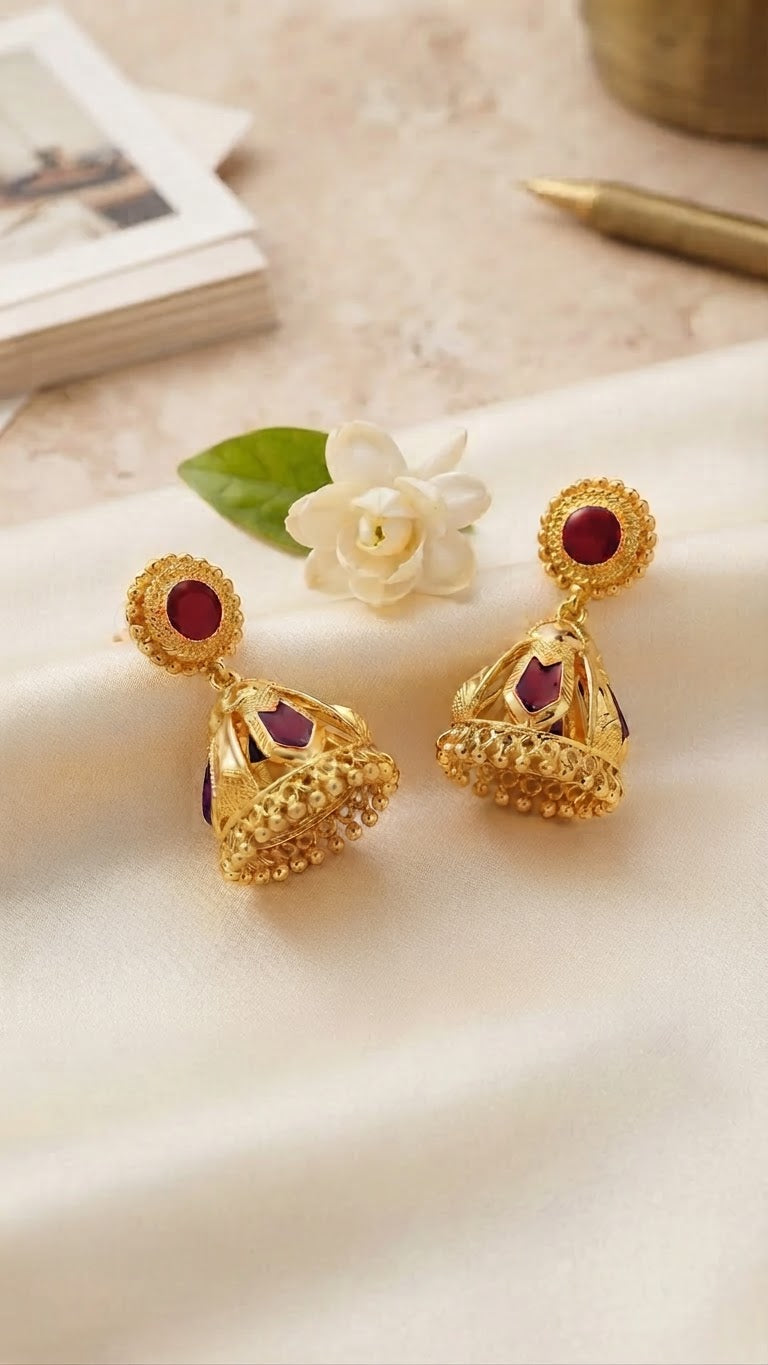 Traditional Heritage Gold & Ruby Red Stone Jhumkas