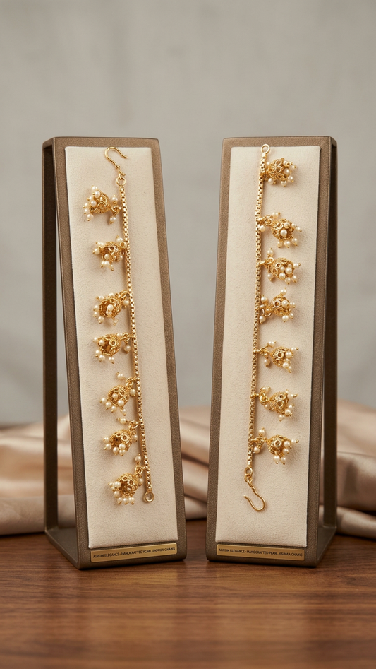 Elegant Antique Gold Pearl Jhumki Ear Chains (Mattal)