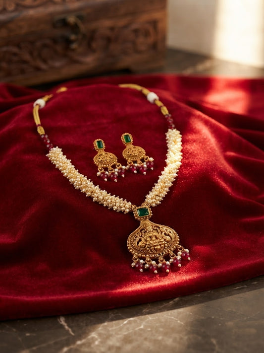 Traditional Pearl Cluster & Antique Gold Lakshmi Pendant Set
