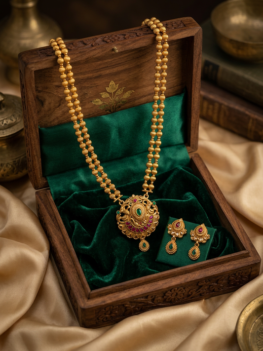 Antique Gold Double-Beaded Ruby & Emerald Medallion Necklace Set