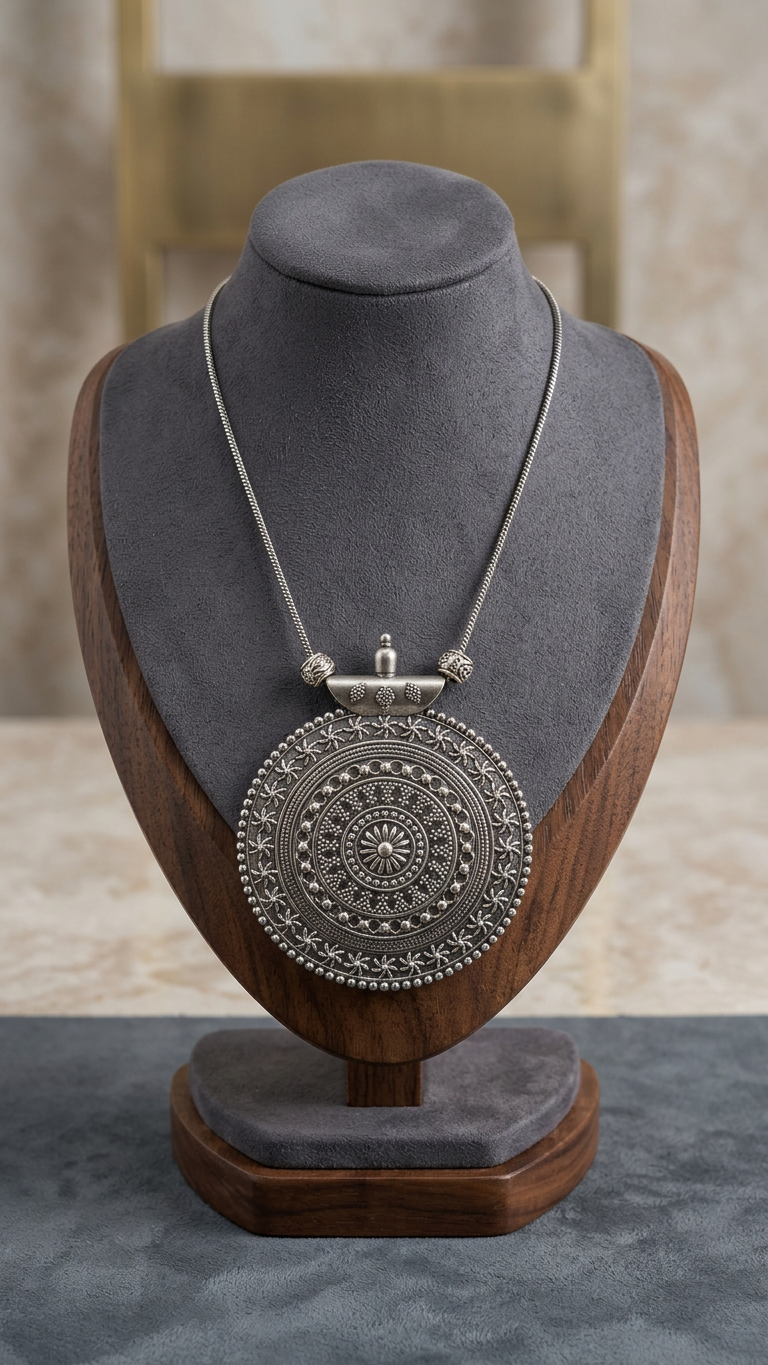 German Silver Concentric Mandala Statement Necklace