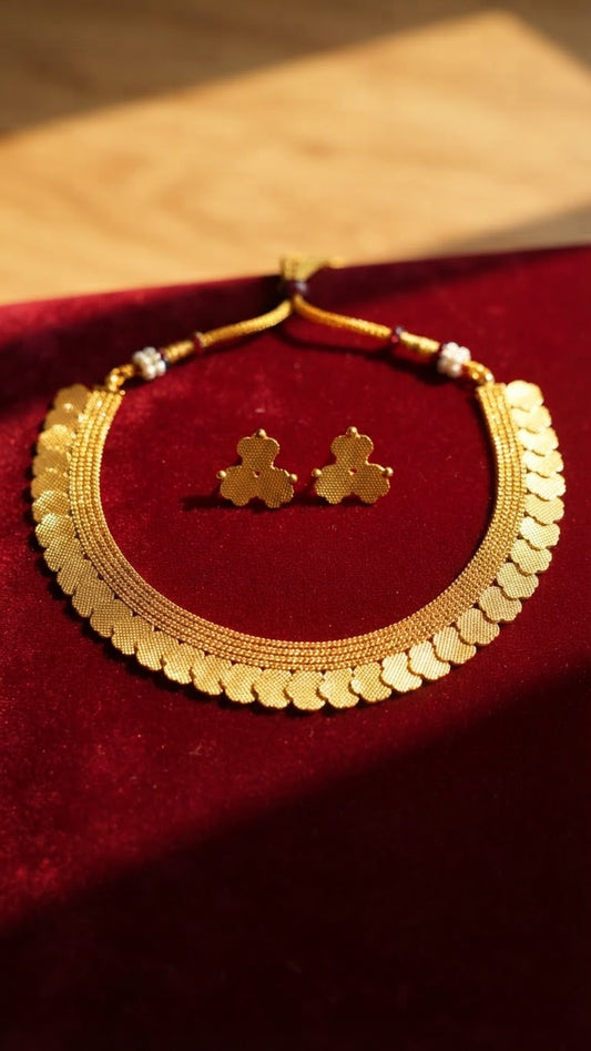 Traditional Matte Gold Petal Fringe Choker Set
