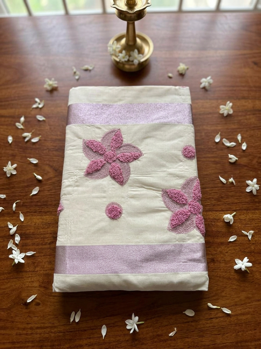 Mauve Blossom Textured Embroidery Kerala Saree
