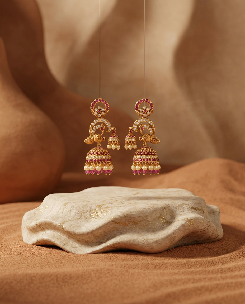 Antique Gold Peacock Double Jhumka Earrings
