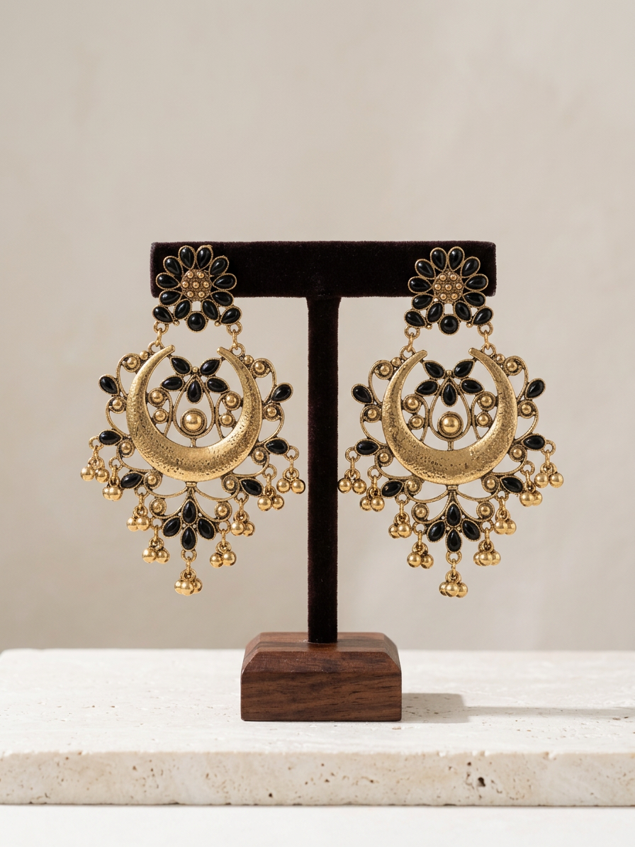 Black Stone Antique Gold Chandbali Earrings