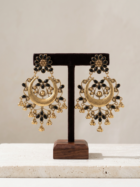 Black Stone Antique Gold Chandbali Earrings