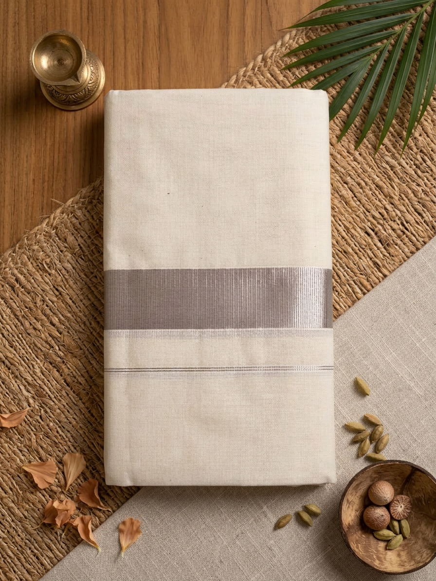 Sterling Grace: Off-White Cotton Mundu with Silver Zari Border
