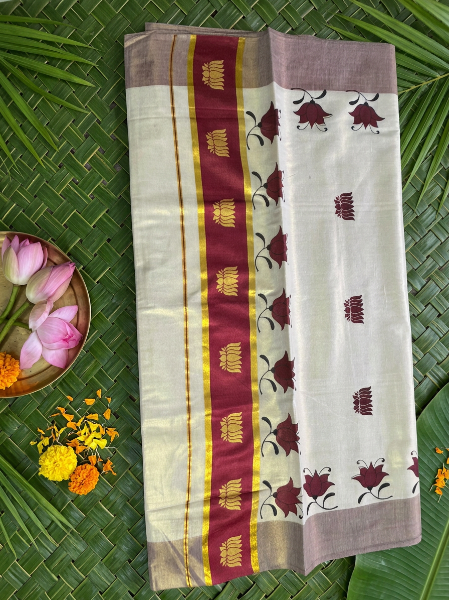Maroon Lotus Motif Golden Tissue Saree