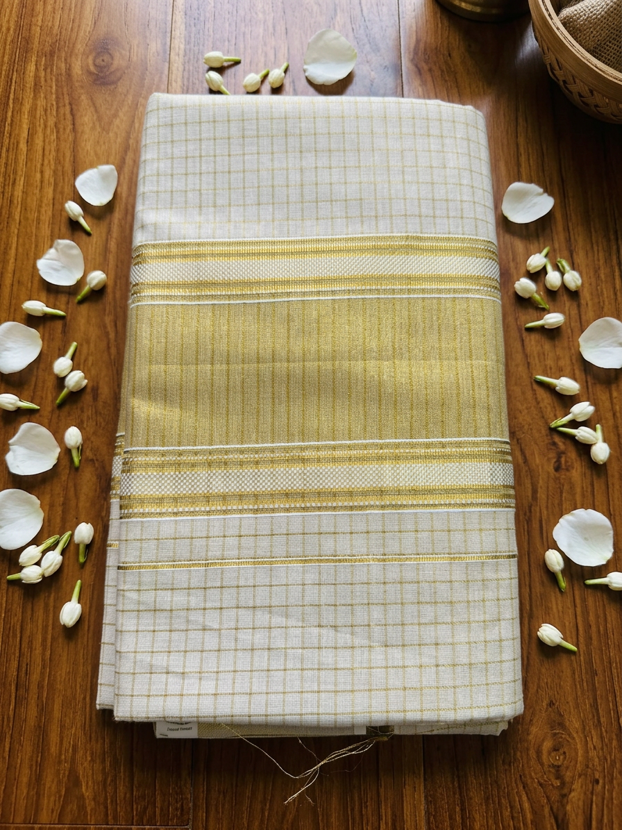 Golden Grid Kattam Kasavu Saree with Temple Border
